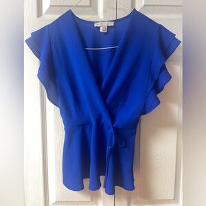 Monteau Los Angeles Elegant Faux Blue Wrap Top Size Small